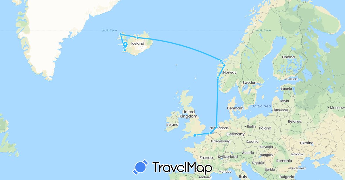 TravelMap itinerary: driving, boat in Belgium, United Kingdom, Iceland, Netherlands, Norway (Europe)